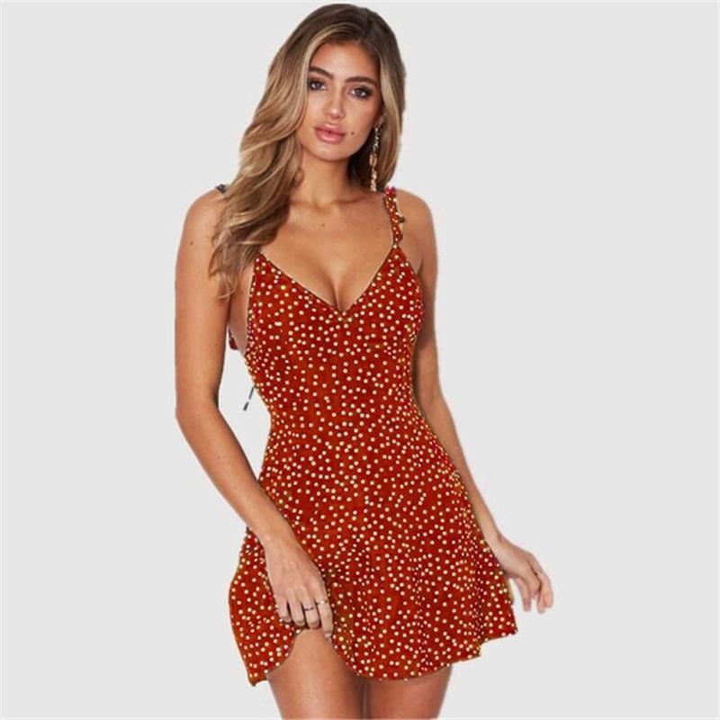 Women V-Neck Strap Open Back Sexy Print Sleeveless Shift Above Knee Slip Dress
