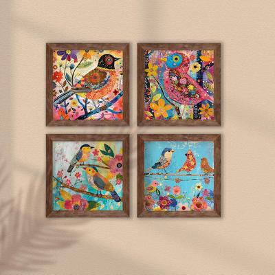 Bunte Vögel & Blumen Wandkunst Drucke, Lebendige botanische Designs mit Gemälden exotischer Vögel für Heim- und Bürodekoration (9x9 Zoll, 4er-Set)
