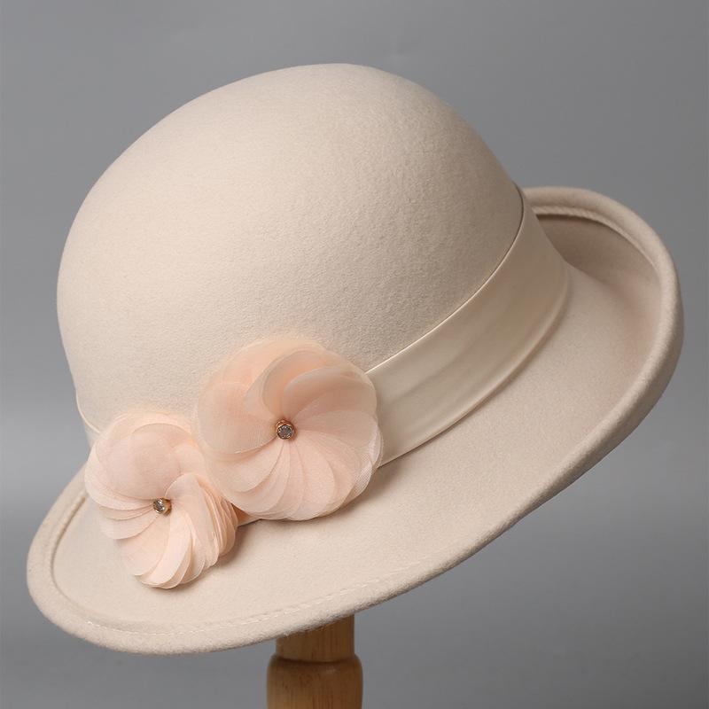 French wool felt hat women's autumn and winter British retro fashion versatile foreign style Hepburn style flower warm top hat