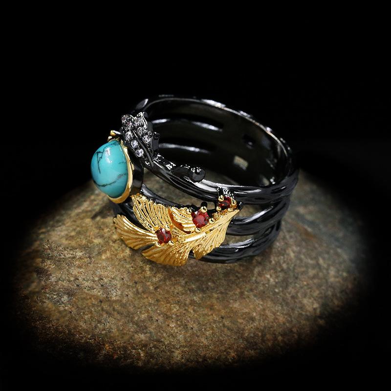 New European and American Popular Jewelry Style Two Color Electroplated Turquoise Engagement Ring