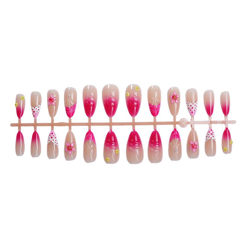 24pcs Pink Gradient Almond Nails with 3D Seashell Flowers and Rhinestone Pearls