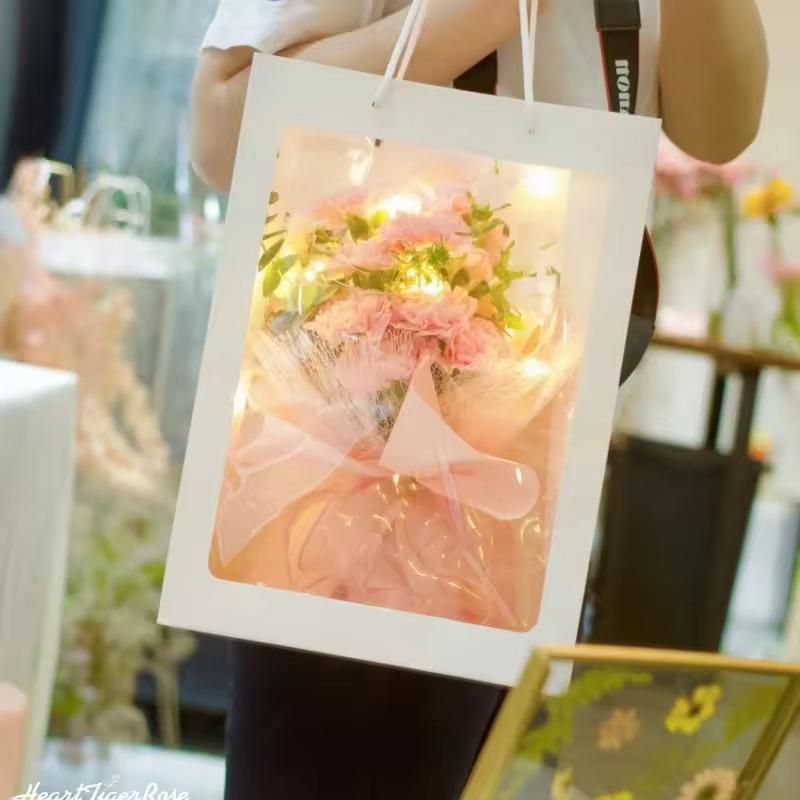 Transparent Window Gift Packing Bag with Handles Portable Flower Bag Birthday Party Wedding Christmas Valentine's Day Gift Bag