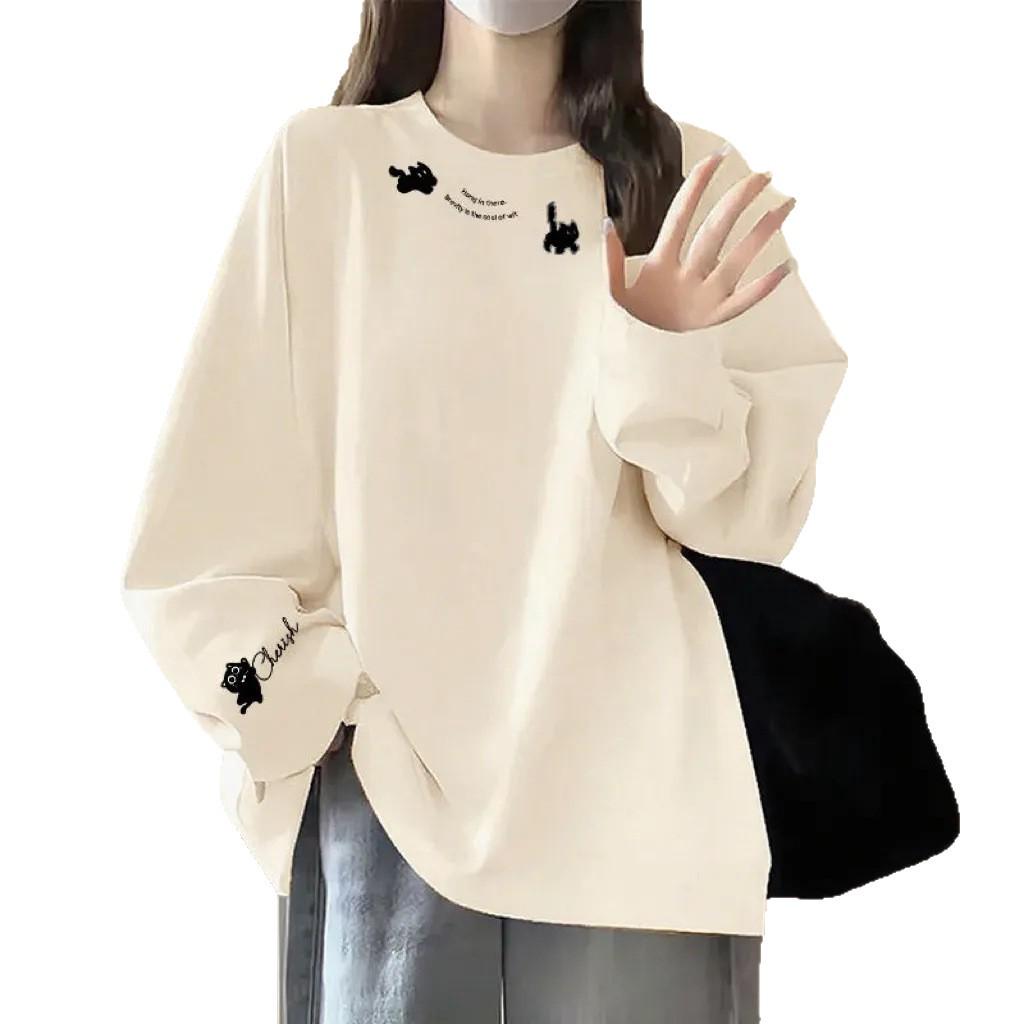 Women's Plus Size Pure Cotton Long Sleeve T-shirt, College Style, Round Neck, for Spring and Autumn