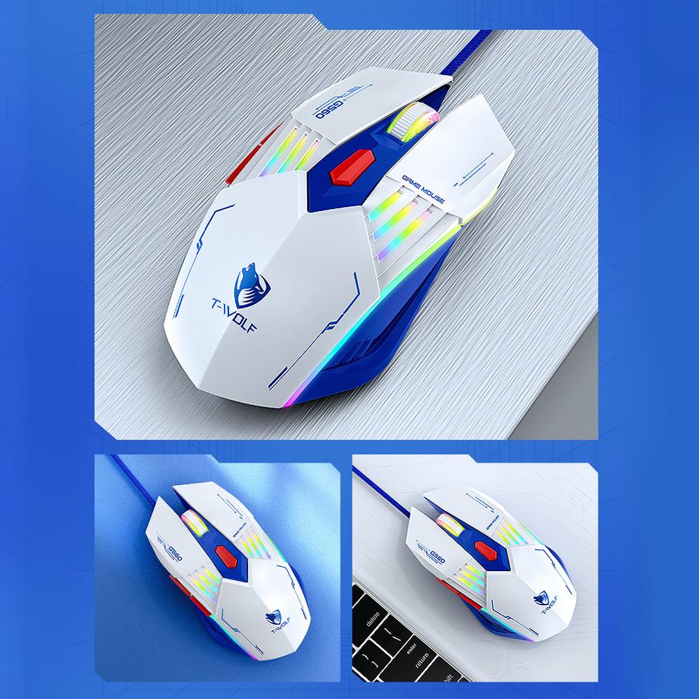 

T-WOLF G560 Wired Gaming Mouse Mecha Style 6D Buttons Mouse with Breathing LED Light 4 DPI Levels White/Yellow