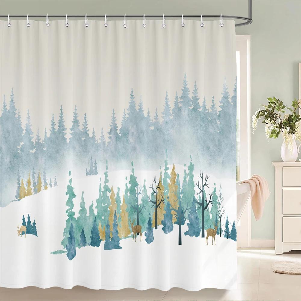 Forest Elk Deer Shower Curtain Trees Landscape Bathroom Decor Curtains Polyester Fabric Waterproof Bath Curtain With Hooks