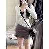Grey Front Shoulder Single-breasted Long-sleeved Shirt Women's Spring Slim-fitting and Thin Spice Girl Style Bottoming Shirt Versatile Top