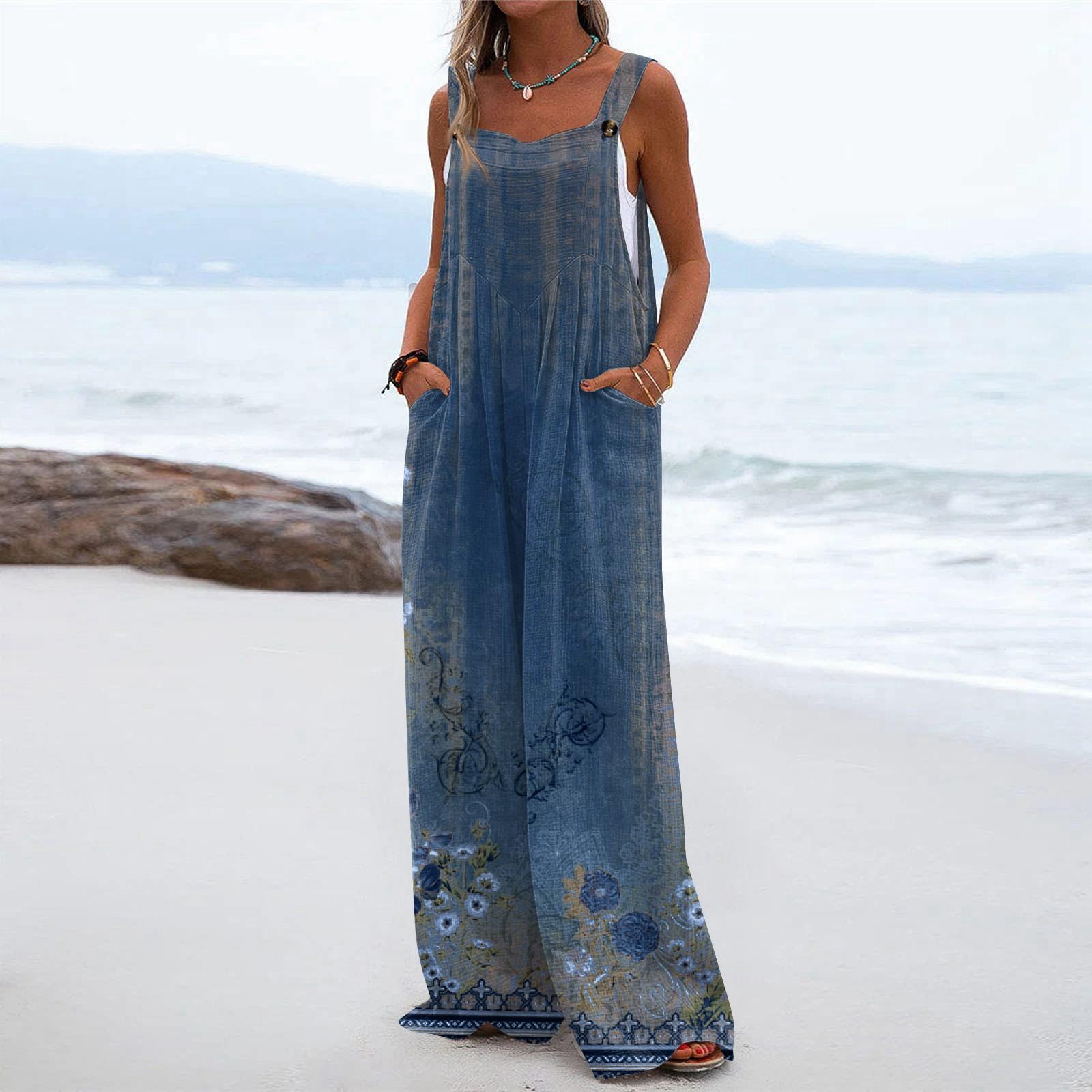 

Женский модный повседневный свободный комбинезон без рукавов с карманами и принтом XXL темно-синий