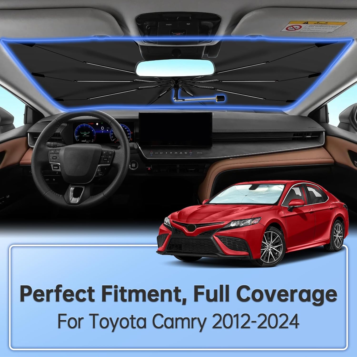 Windshield Sun Shade Umbrella for Toyota Camry 2012-2024, Foldable Car Sunshade for Front Window, Highly Reflective Windshield Sun Shield Visor for