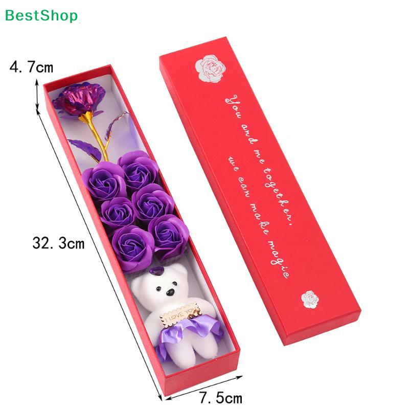 Artificial Rose & Little Bear Gift Box - Long Box Soap Flower Bouquet for Valentine's Day & Anniversary