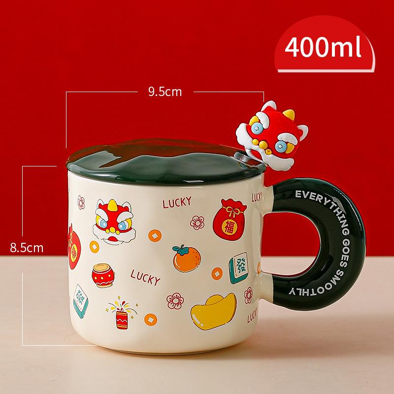 Spring Festival Gift Mug with Lid Spoon Cute Ceramic Water Cup Girl High Looking Cartoon Office Couple Cup