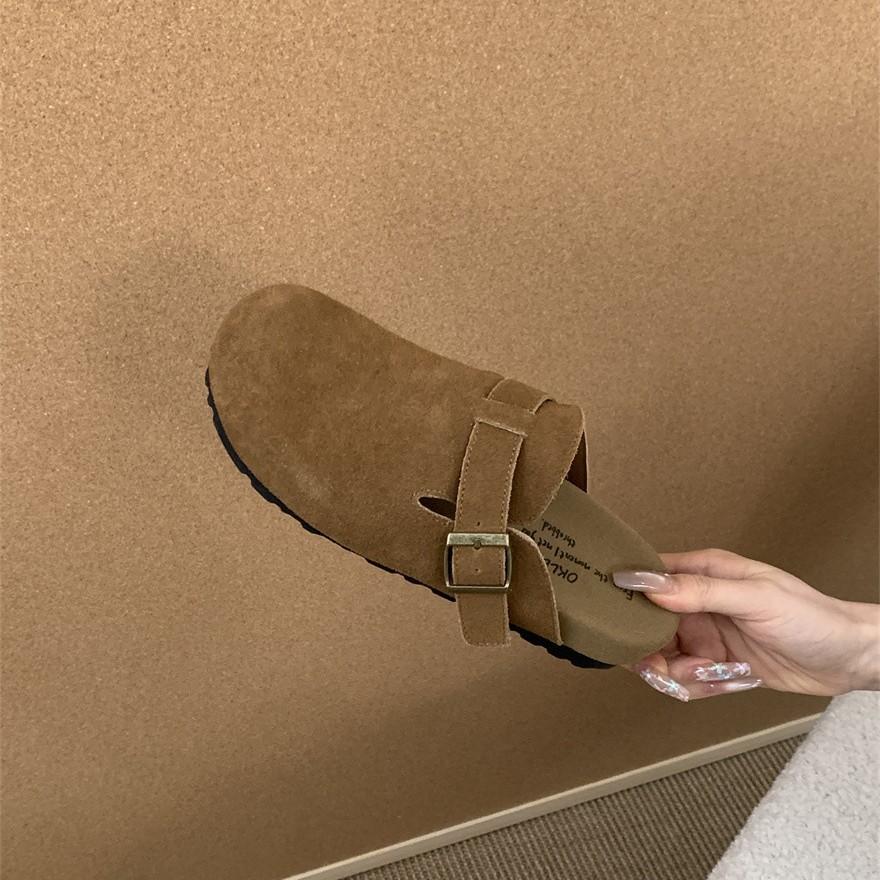 Inner height increase Mori matte leather slippers ugly cute bag head lazy half drag small man one pedal slippers 2025