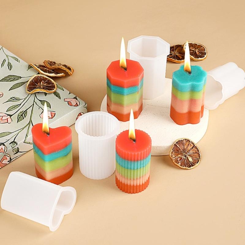 4Pcs Geometric Cylinder Silicone Candle Molds Striped Cylinder Silicone Candle Molds for Candle Making Gypsum Decoration