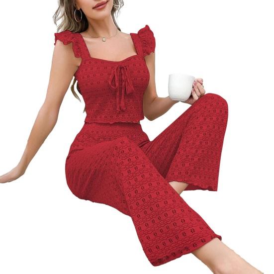 

Women s Eyelet Pajamas Set 2 Piece Ruffle Sleeveless Tank Top And Long Pants Pjs Set Summer Lounge Sleepwear S красный