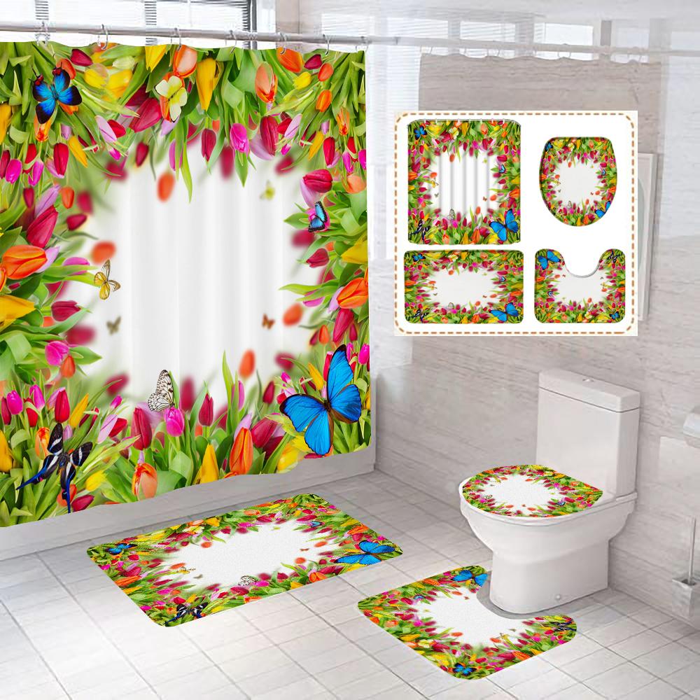 Tulip Flowers Bathroom Curtains Floral Fabric Shower Curtain Set Bath Mats Rugs Toilet Lid Cover Anti-Skid Carpet Home Decor