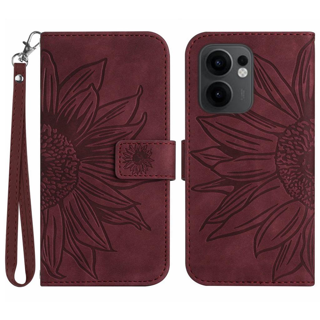 For Oppo Reno13 F 5G/4G Case Sunflower Imprint Leather Wallet Phone Cover with Wrist Strap