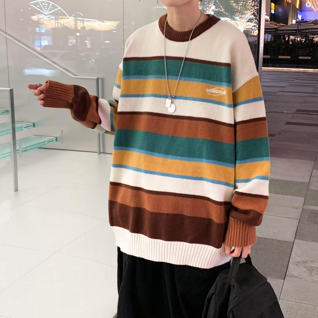 Men's Retro Color-Blocked Striped Sweater - Soft, Cozy, Loose-Fit Knitwear for Autumn/Winter Casual Wear