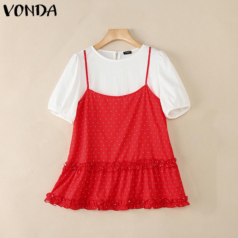 

VONDA Women Short Sleeve Front Patchwork Fake Two Pieces Polka Dots Blouse 4XL красный