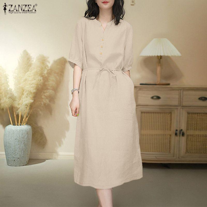 ZANZEA Women Casual Round Neck Solid Color Short Sleeve Dress