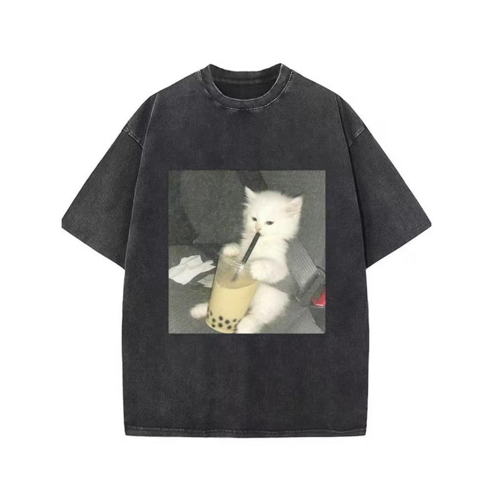 Cute Princess Cat Treasure Graphic T-Shirt, Oversized Retro Washed Tee for Men Women Travel Daily Wear Cool Top L