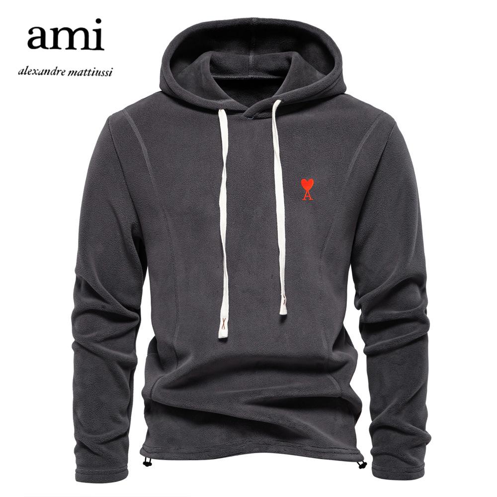 AMI Besticktes Herbst- und Winter-Sweatshirt für Herren mit langen Ärmeln und Kapuze, vielseitiges, warmes Fleece-Sweatshirt