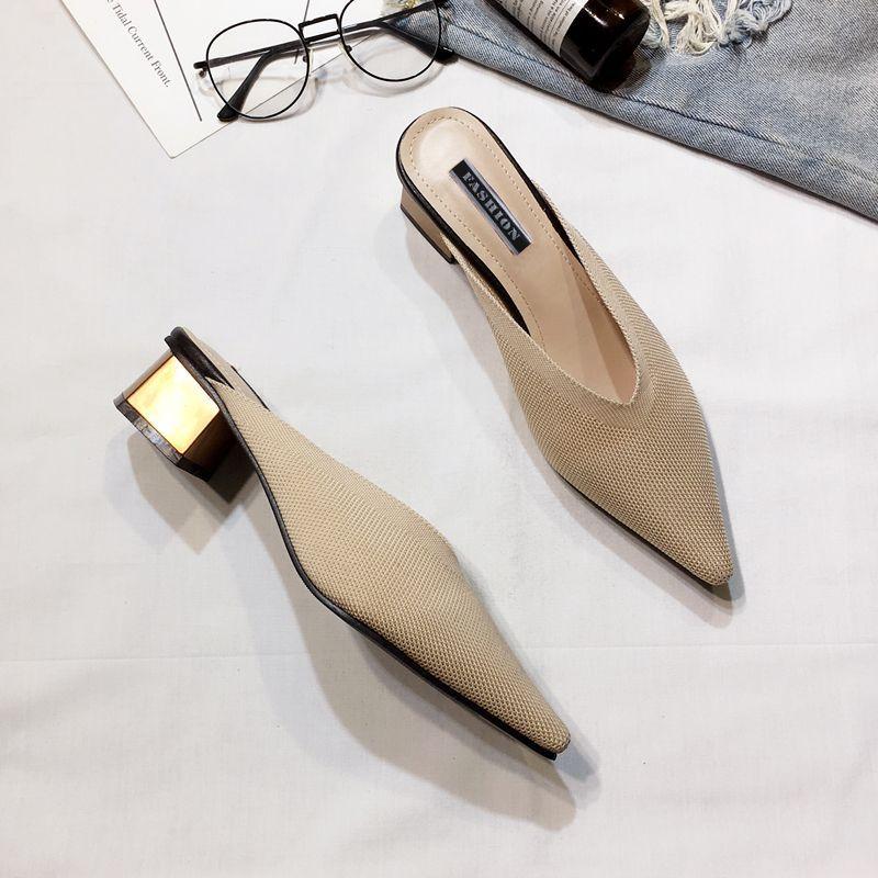 2020 spring and summer new bag head half slippers women's flying woven mid-heel pointed Mueller shoes thick heel wear lazy cool slippers