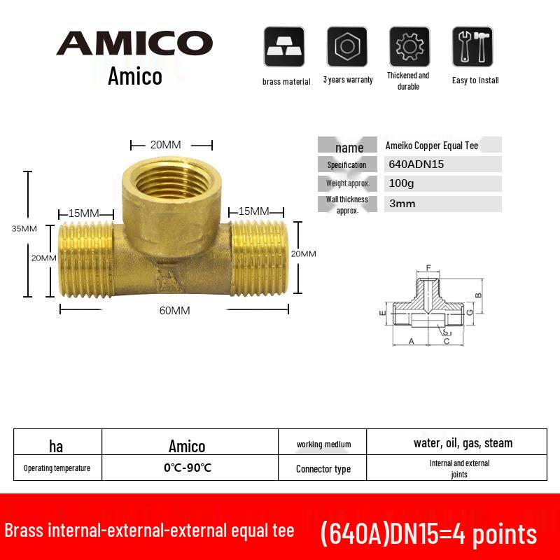 Echter Aimeco Messing 4-Punkt T-Verbinder mit gleichem Durchmesser für Wasserleitungen, verdickte Innen- und Außengewinde (Modell 640A)