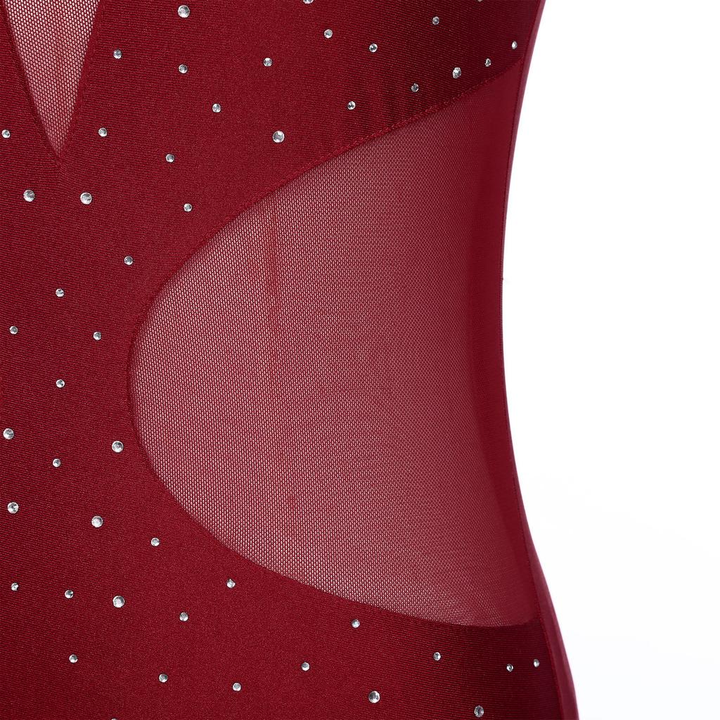 Costum de patinaj artistic pentru femei, strălucitor, cu strasuri, plas transparent, patchwork, fără mâneci, decupaj pe spate