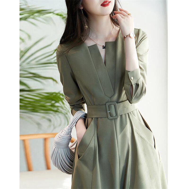 Demana Women's V-Neck A-Line Long Sleeve Dress