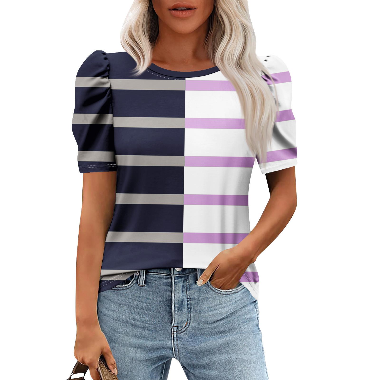 

Женские повседневные топы с коротким рукавом и круглым вырезом с принтом, туники, рубашки, летняя одежда L темно-синий