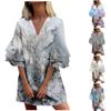 Women's Fashion Summer Temperament Elegant Fresh Printed V-Neck 3/4 Sleeves  Dress
