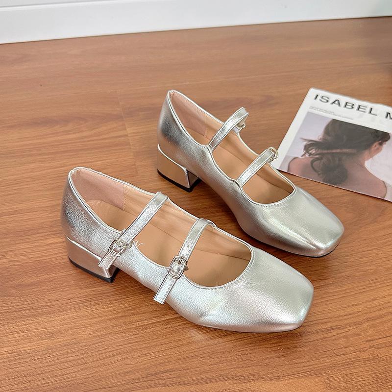 Silver Chunky Heel Mary Jane Ballet Flats for Women - Spring 2025 Collection