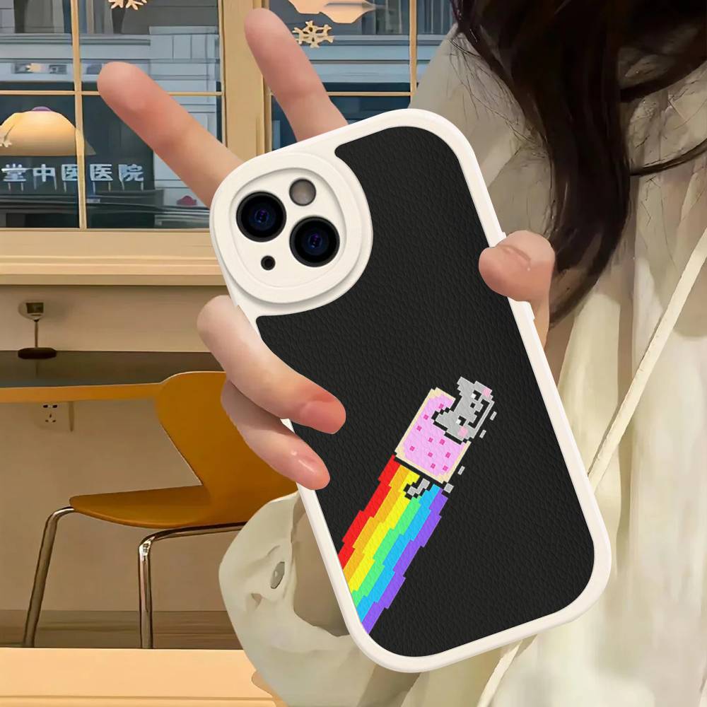 Cute N-Nyan Cat For IPhone 16 15 14 16E 13 12 11 Pro Max Plus Phone Leather Case