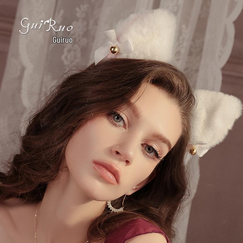 Rose Plush Cat Ears Headband with Bow and Bell - Women's Hair Accessory