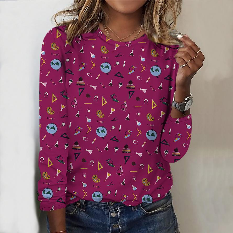 Tops For Women Cosmic Planet Print Round Neck Long Sleeve T-shirt Fall Casual Slim Pullover Women's Long Sleeve Top