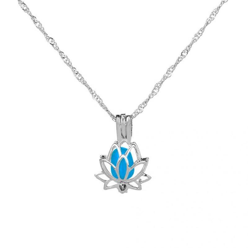 Creative Hollowed Lotus Glow In The Dark Pendant Necklace Luminous Jewelry Chain небесно-голубой