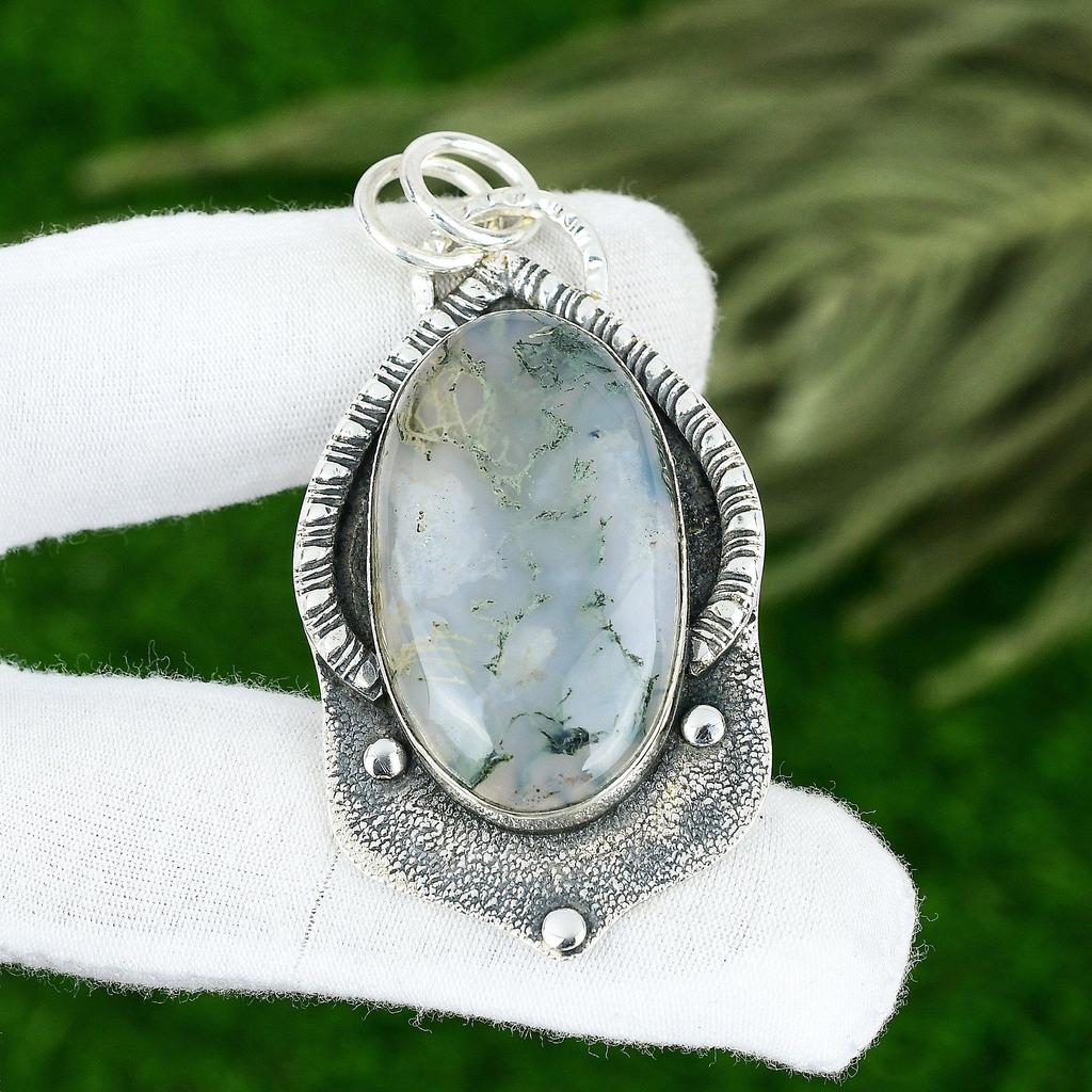 Natural Solar Moss Agate Gemstone Jewelry 925 Sterling Silver Pendant For Women