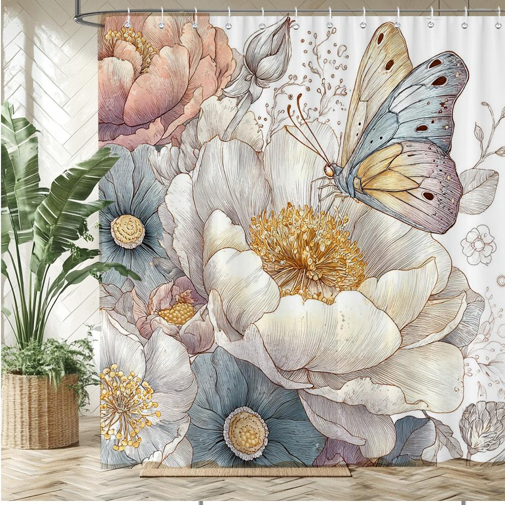 

Beautiful Butterflies Style Shower Curtain Bath Curtain Flowers Printed Bathroom Curtains For Home Decoration Curtain W60H190(CM)-1 Pcs