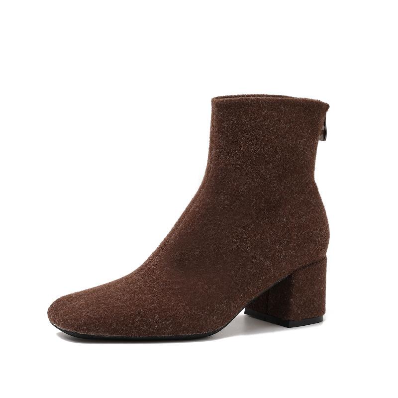 

Fashion 2026 Winter Warm Ankle Boots Women Fashion Velvet Suede Boots Back Zipper Design Stretch Boots Elegant Chunky Heel Botas Mujer 35 коричневый