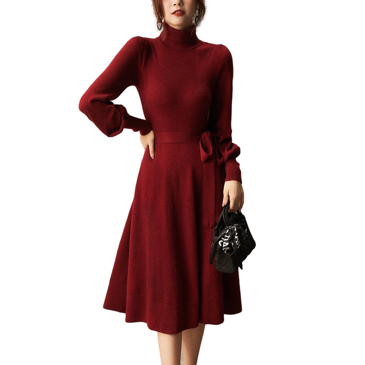 

J-Scott Women s Knit Dress, A-Line Silhouette, Waist Tie, Turtleneck, Puff Sleeves, Red, JS38-RD-S