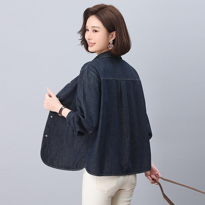 Women's Autumn Denim Shirt Jacket - Petite Casual Long-Sleeve Top