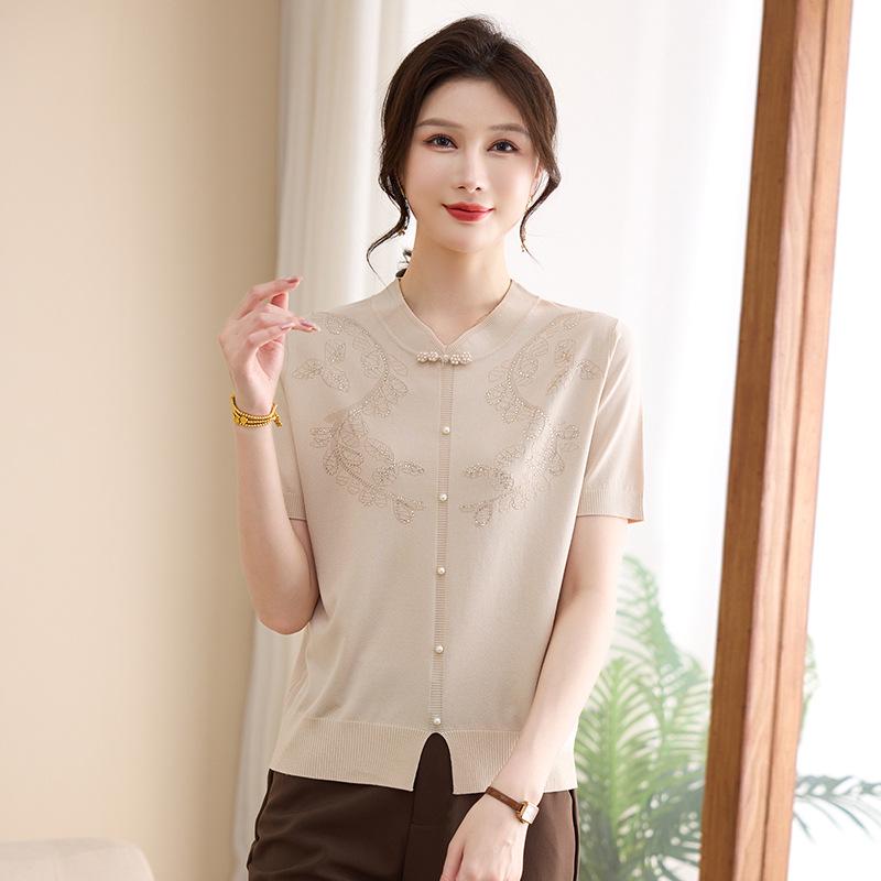 Mom's Summer Chinese Knitted T-shirt: Short Sleeve Ice Silk Top & Two-Piece Set for Middle-Aged Women