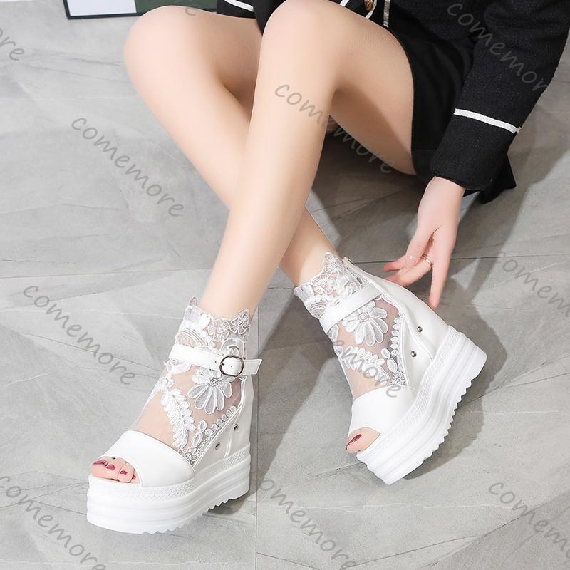 Fashion Comemore Summer Buckle Platform Sandals Women Cool Boots 10cm Wedges High Heel Height Increasing Peep Toe Lace Breathable Shoes