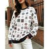Women Crew Neck Fleece Sweatshirt Vintage College Badge Plaid Patchwork Print Long Sleeve Loose No Hood Warm Pullover
