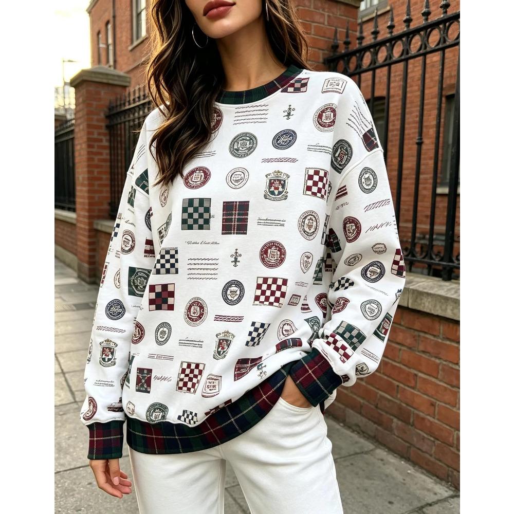 Women Crew Neck Fleece Sweatshirt Vintage College Badge Plaid Patchwork Print Long Sleeve Loose No Hood Warm Pullover