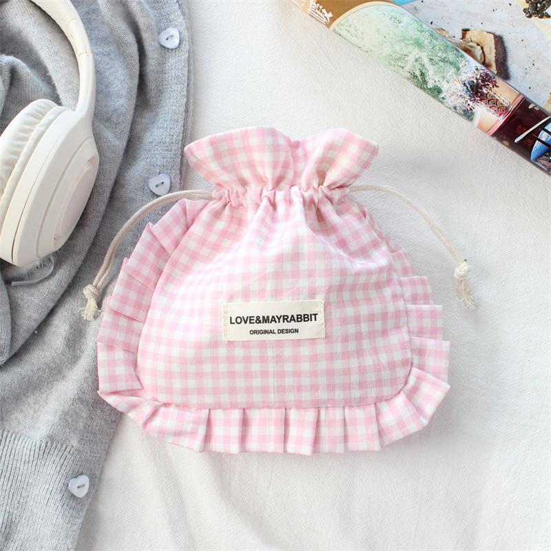 Korean Cute Ruffle Edge Drawstring Bag Retro Plaid Drawstring Bags Large Capacity Travel Organizer Bags Jewelry Dust Bag