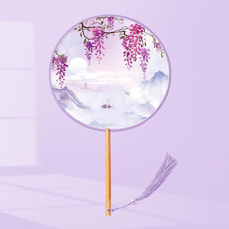 Girls' Summer Hanfu Dance Fan: Long Handle, Double-Sided Embroidered Round Fan for Traditional Costume