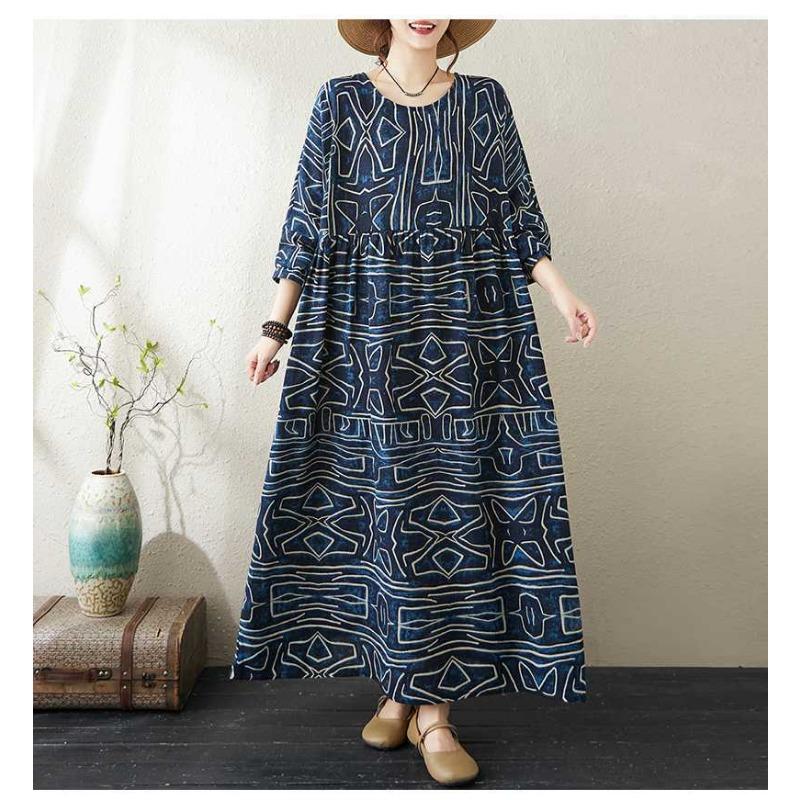 Round Neck Loose Plus Size Literary Vacation Plus Sleeve Dresses