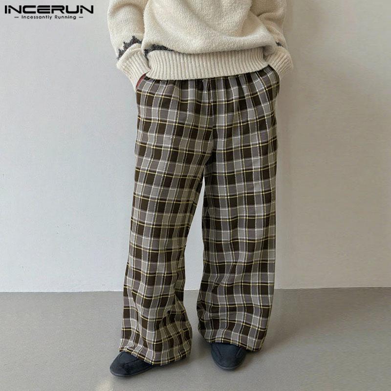 INCERUN Men Casual Loose Elastic Waist Plaid Print Wide Legs Pants Long Trousers