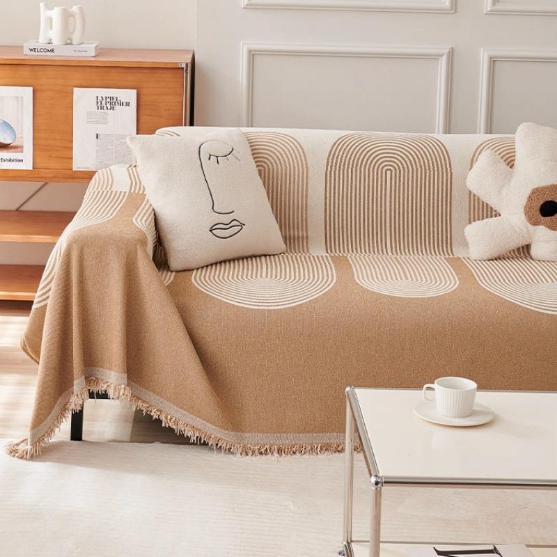 1pc Simplized Geometric Arch Lines Jacquard Sofa Towel with Tassels, Double Sided Thick Multiple Use Sofa Blanket Leisure Towel