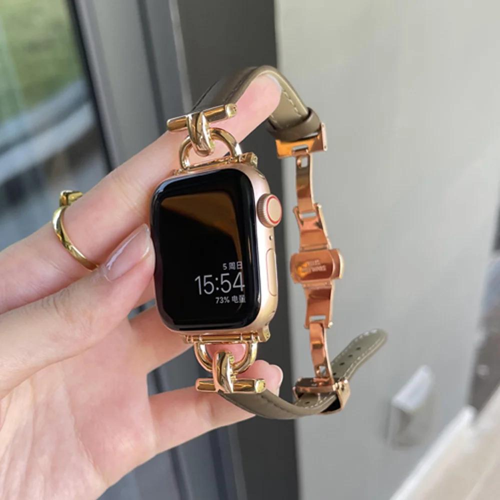 Women Leather Bracelet for Apple Watch Ultra 2 49mm 10 42mm 46 Butterfly Buckle Band for iWatch 9 8 7 6 SE 5 41mm 45mm 38 40 44